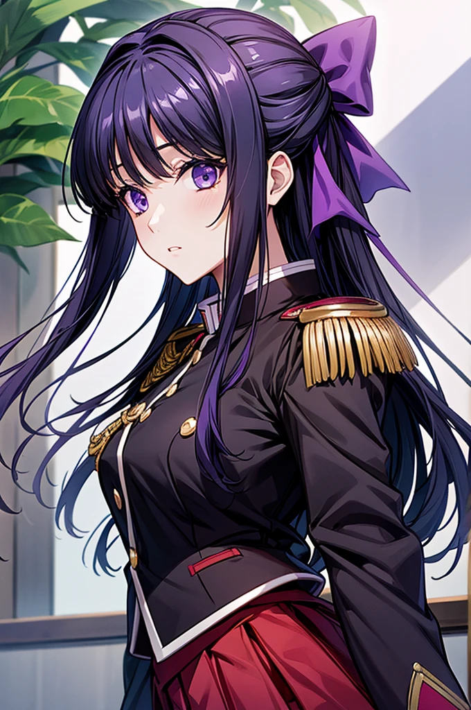 Akane Ryuuzouji、Black jacket uniform、Red pleated skirt、Epaulettes、Right shoulder to chest ornament、Purple head ribbon