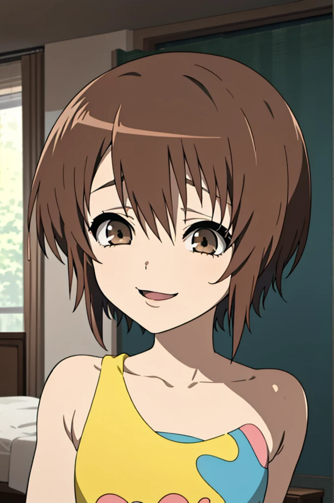 masterpiece, best quality, high quality, 1girl, solo, 10yo, looking at viewer, mochizuki_yuuya, brown hair, brown eyes, bangs,smile,sleeveless,shorts,,my room