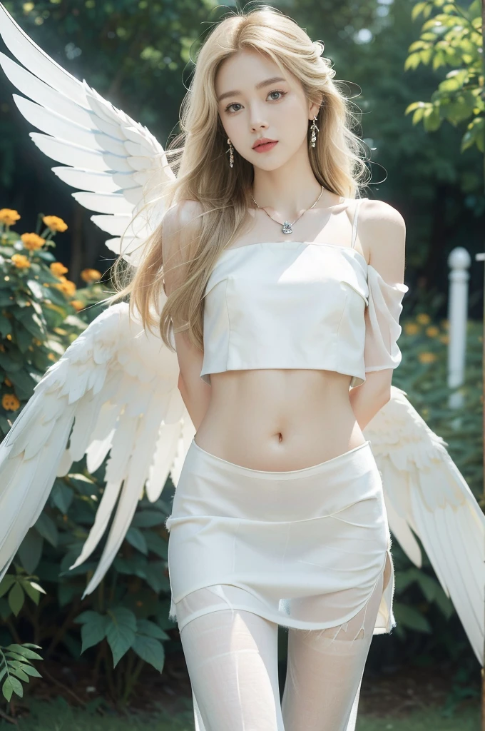 (((best quality))), (((ultra detailed))), (((masterpiece))), illustration,((1 beautiful little girl,solo,angel)),((fair skin,shoulder length straight blonde hair,blue eyes)),(earrings,crystal necklace),((slim,thin,small breasts,flat chest)),joyful expression,(white wings:1.3),(flowing short-sleeved white sheer dress:1.3),((In heaven, garden setting)), vibrant flowers,(colorful flowers:1.3),lush grass, gentle breeze, (clear sky, fluffy clouds, shining sun),((navel)),((from front,standing,upper body,arms behind back)),((pantyhose))