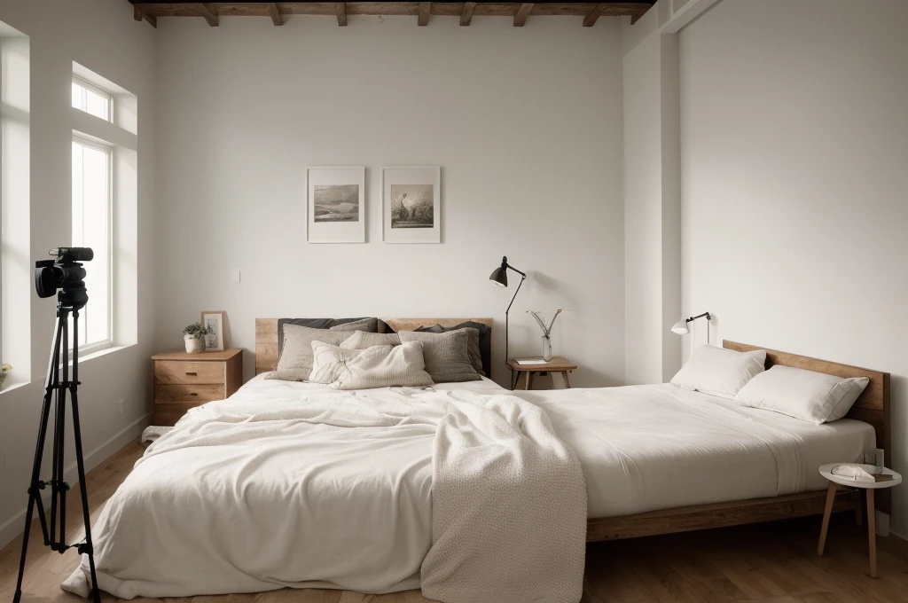 there is a bed with a white comforter and a tripod on the wall, bedroom interior, fotografia, bedroom background, photorealistic room, picture of a loft in morning, cinematic realistic photo, natural light in room, realistic studio photo, inside of a bedroom, art photography style, bedroom, photo realistic image, pov photo, photorealistic picture, photo of a beautiful