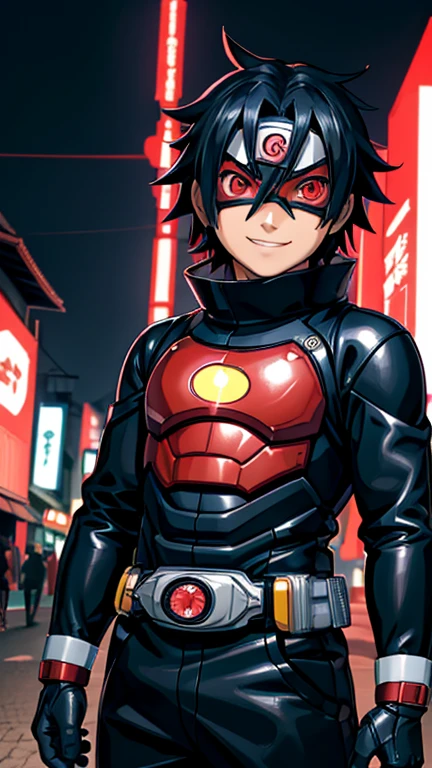 (8k),(masterpiece),(Japanese),(8-year-old boy),((innocent look)),((Childish)),From the front,smile,cute,Innocent,Kind eyes,Flat chest, Sasuke Uchiha, Superhero,Kamen Rider,red helmet,red domino mask,Black Hair,Strong wind,night,dark, Neon light cyberpunk Konoha village