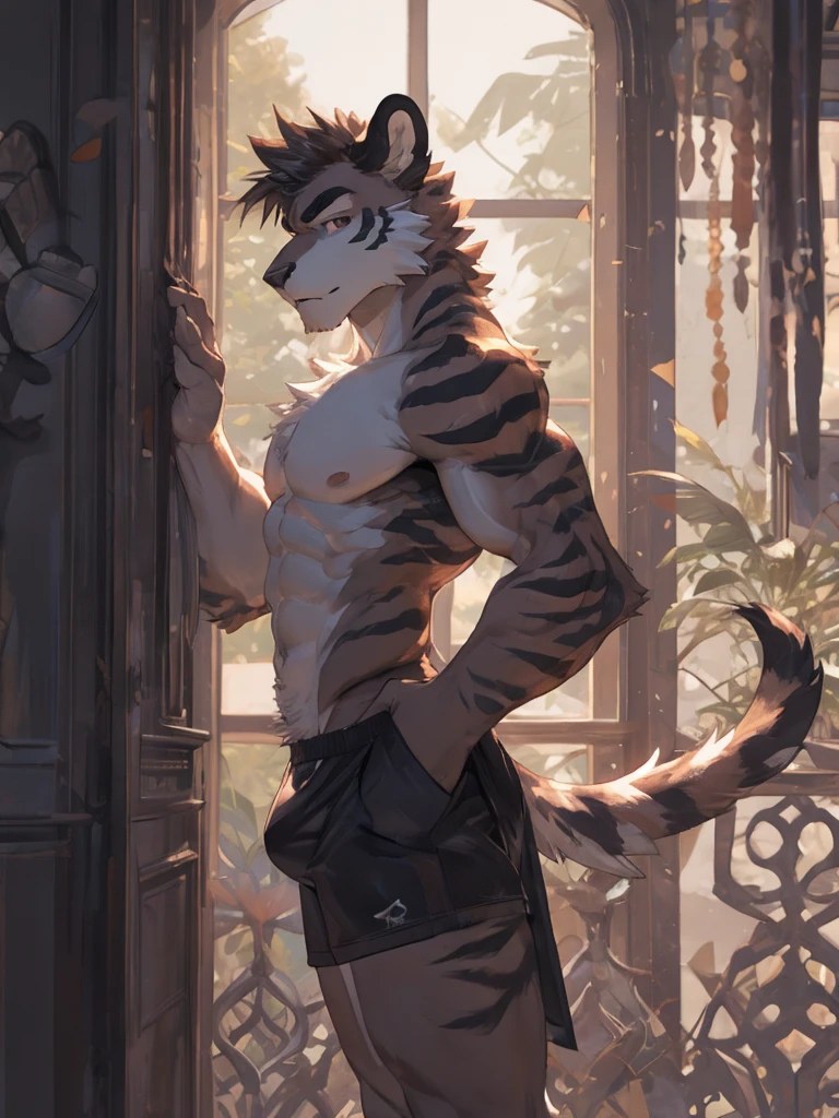 bara handsome white furred tiger furry leaning on wall wearing only tight boxer briefs, tall, massive pecs, broad shoulders, sultry gaze, purple eyes, smirking at camera seductively, sultry teasing gaze, one hand on his thigh near his bulge, running his hand through his hair, long legs, looking at viewer, slight side view, huge bulge, side view, bedroom, sunlight casting over,Bara, Furry, dynamic shading, nsfw