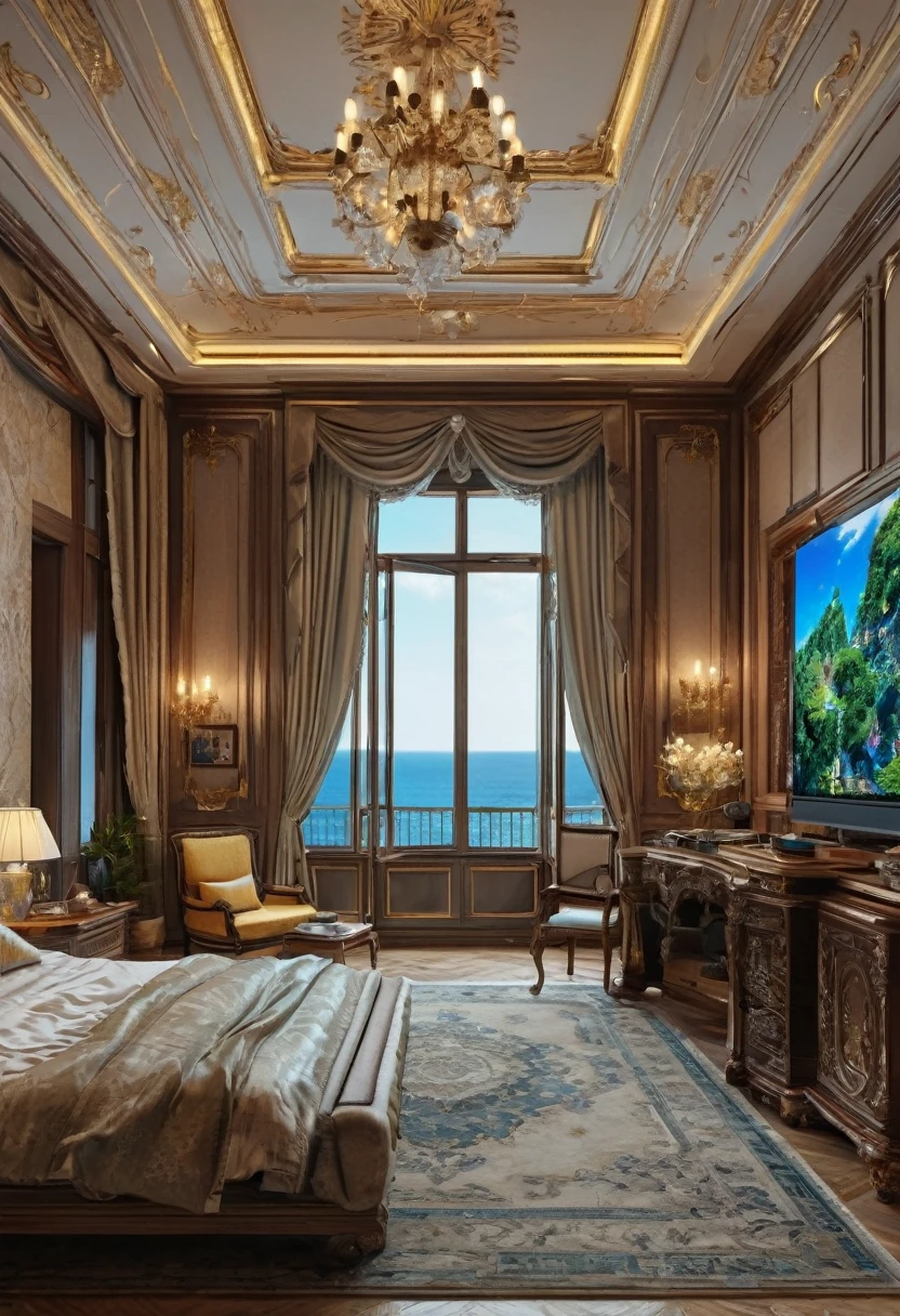 close up of a house with big led tv in the background, a hyperrealistic, renaissance, luxurious furniture matching with the color of the palace, inside the giant palace, a big computer desk with a highend mordern computer on it, some speakers on it, and a notebook on the side table, a bed near it, an open window with an ocean and vegetation or forest scenery outside the window, luxurious environment, dream room