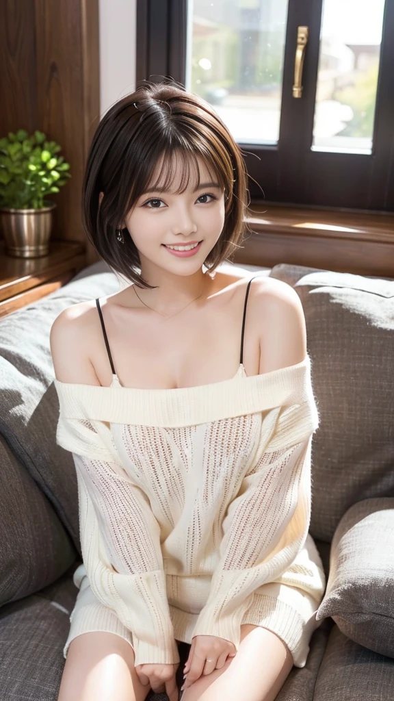 "prompt": "A woman with short black hair is sitting on a sofa, wearing a colorful off-shoulder knit that reaches her knees. She is radiating the best smile, exuding warmth and happiness. The scene is set in a cozy living room with soft lighting, highlighting her joyful expression. The knit is vibrant and detailed, adding a pop of color to the setting. The overall atmosphere is cheerful and inviting, capturing a moment of pure joy and comfort.",