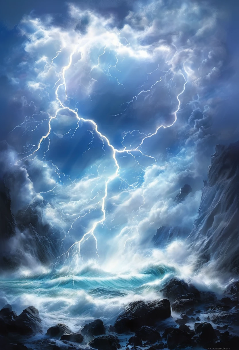 (Heaven descended to the human world:1.4), A small white-winged angel in the center of the screen、切り立った崖とshortageれた海のアート、shortage々Shii Wave、wave droplets、High cliffs、rock、Bubble、Cloudy、Thundercloud、lightning、Pastel Art Style