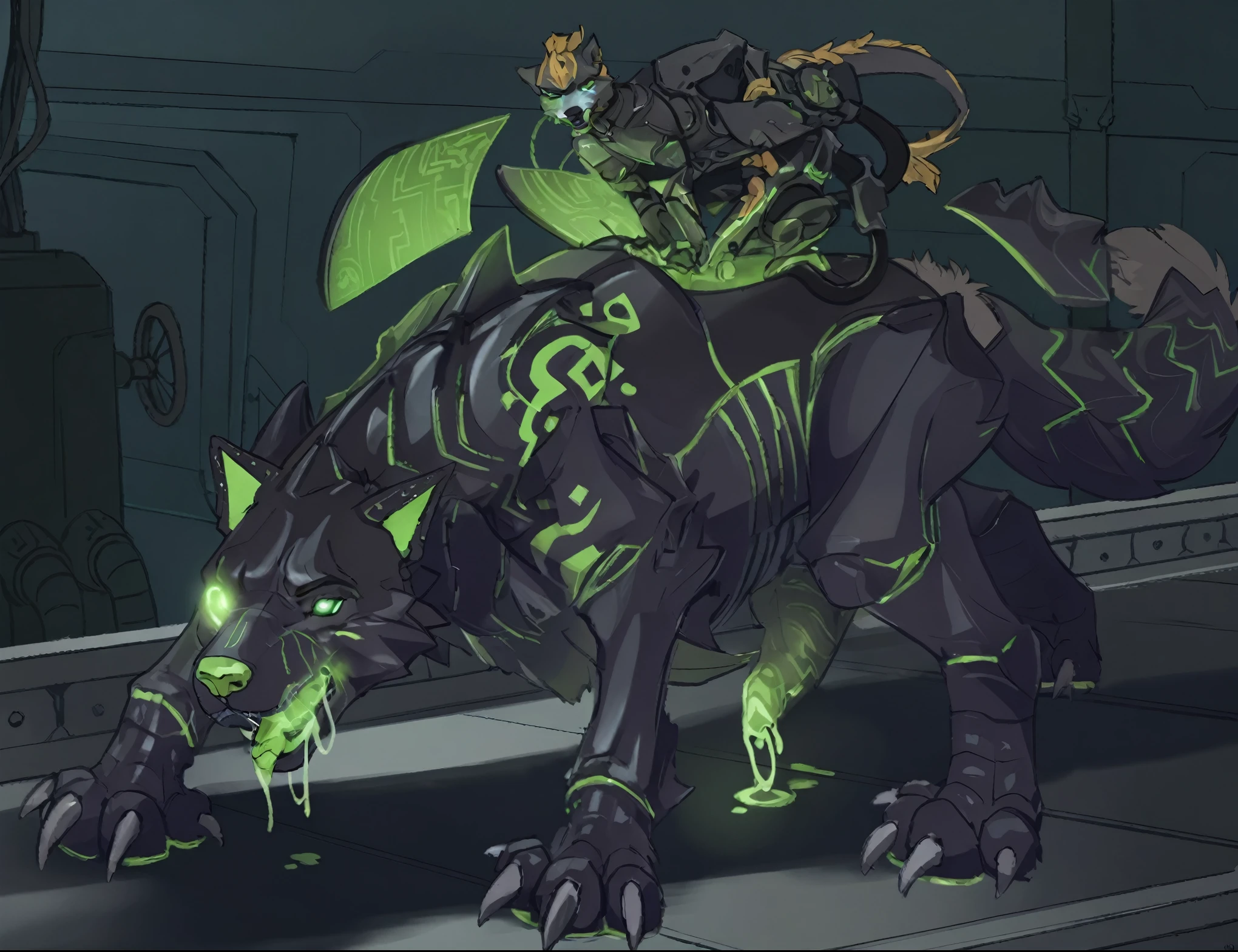 there is a cartoon of a large black and green animal, commission for high res, medical mecha canine, good boy giant mecha wolf hound, warframe hound art, warframe infested art, of anthro leopard warlock, great corrupter, concept piece, mecha hound, warframe hound, weirdcore voidpunk fursona, commission art