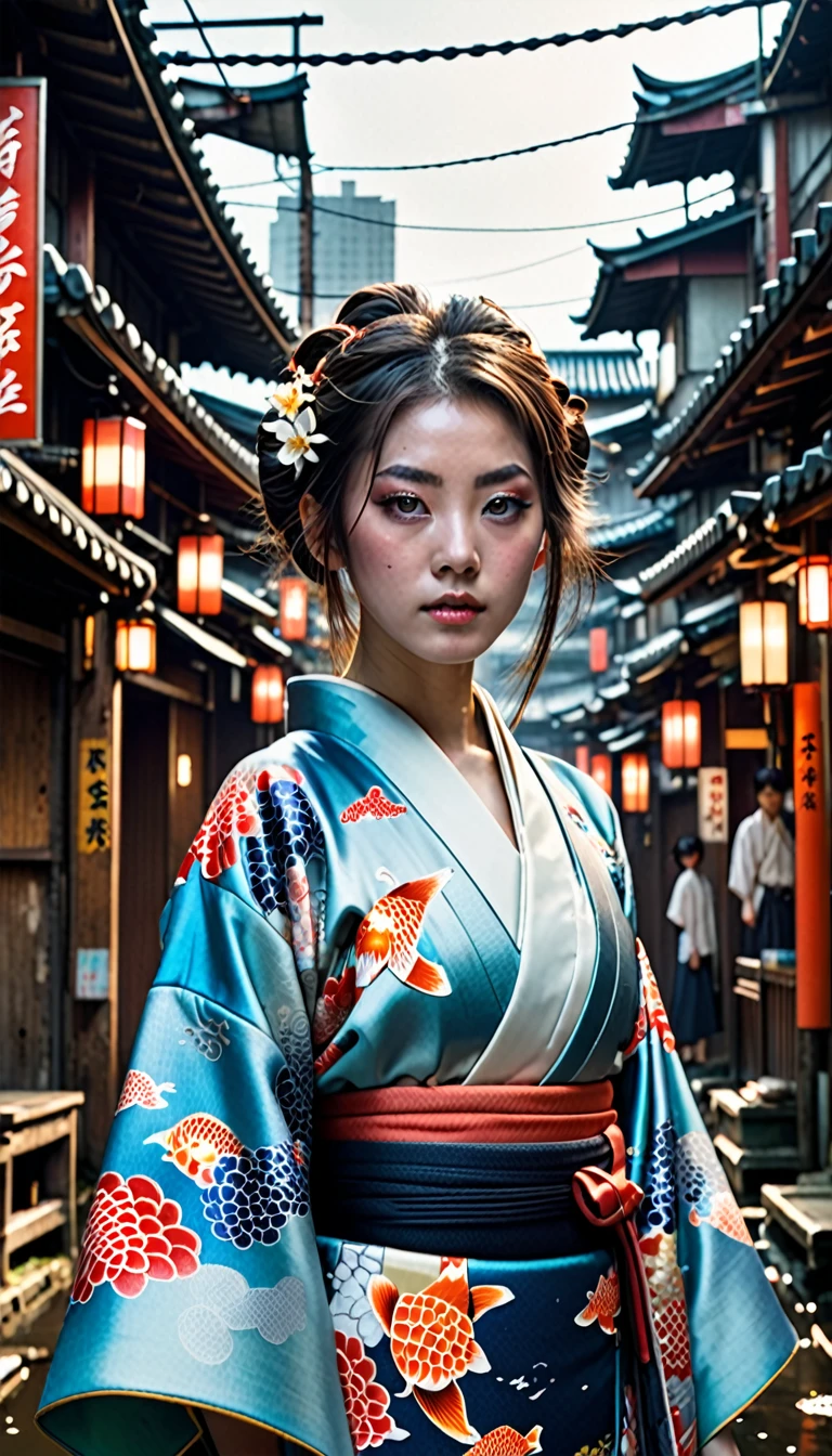 A single young girl stands diagonally, facing the camera in a full-body portrait. She wears a traditional Japanese kimono with a koi fish pattern, but her body is fused with mechanical parts, creating a cyborg appearance. The setting is a detailed, ruined warehouse with a complex and busy background, hinting at a dystopian future megacity visible in the distance.

The image is rendered in ultra-high resolution 8K, with photorealistic details. The girl's face is intricately detailed, with vivid eyes and visible pores on her pale skin. The lighting suggests sunlight, creating a dynamic interplay of light and shadow.

The atmosphere is enhanced by volumetric fog, adding depth to the scene. The perspective is from a low angle, looking up at the subject. The overall color scheme is predominantly cool, with a milky, bluish tint.

The composition balances the traditional elements of the kimono with the futuristic cyborg modifications and the decaying urban environment, creating a striking contrast between past, present, and a possible future. The image aims for a cinematic quality, with sharp focus and film grain texture, embodying a blend of lomography and hyperrealistic digital photography.​​​​​​​​​​​​​​​​