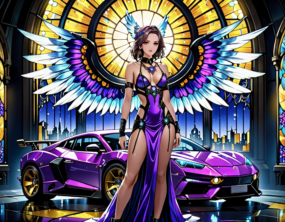 Arafed a ((stained glass artwork picture:1.5)) stained-glass, of a (mech cyberpunk female angel: 1.2) standing in at the street at night near her sports car, night, an exquisite beautiful cyberpunk female angel wearing dark dress, wearing ((intricate mech glamour lavender evening dress: 1.3)), dress has miniscule mech parts, high tech parts, (white angelic wings: 1.2), spread angelic wings, halo over the head, small cleavage, wearing intricate diamond necklace, wearing elegant high heeled boots, dynamic eye color, dynamic hair color, dynamic hair style, standing near her (sports car: 1.3), cyberpunk street t background at night, moon light and stars, , full body shot, (Masterpiece: 1.5), Vibrant, Ultra-high resolution, High Contrast, masterpiece:1.2, highest quality, Best aesthetics), best details, best quality, highres, ultra wide angle, 16k, [ultra detailed], masterpiece, best quality, (extremely detailed), Mechanicus, intense gaze, stained-glass