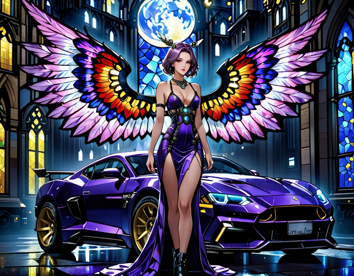 Arafed a ((stained glass artwork picture:1.5)) stained-glass, of a (mech cyberpunk female angel: 1.2) standing in at the street at night near her sports car, night, an exquisite beautiful cyberpunk female angel wearing dark dress, wearing ((intricate mech glamour lavender evening dress: 1.3)), dress has miniscule mech parts, high tech parts, (white angelic wings: 1.2), spread angelic wings, halo over the head, small cleavage, wearing intricate diamond necklace, wearing elegant high heeled boots, dynamic eye color, dynamic hair color, dynamic hair style, standing near her (sports car: 1.3), cyberpunk street t background at night, moon light and stars, , full body shot, (Masterpiece: 1.5), Vibrant, Ultra-high resolution, High Contrast, masterpiece:1.2, highest quality, Best aesthetics), best details, best quality, highres, ultra wide angle, 16k, [ultra detailed], masterpiece, best quality, (extremely detailed), Mechanicus, intense gaze, stained-glass