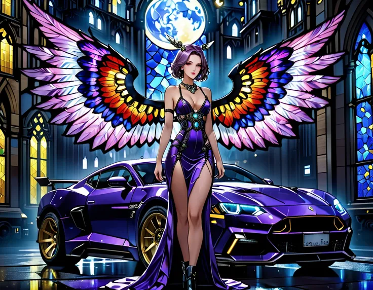 arafed a ((stained glass artwork picture:1.5)) stained-glass, of a (mech cyberpunk female angel: 1.2) standing in at the street ...