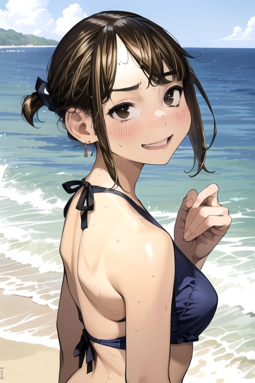 Very detailed, high quality:1.5, masterpiece, beautiful, Film Portrait,((douki-chan)),Short Ponytail,Sandy Beach,summer,Ocean,Blue swimsuit,bikini,jewelry,Earrings,((Tilt your head)),((turn around)),beautiful尻,),(beautiful脚),(smile),Squint your eyes,,((Sweat)),Lovely, 