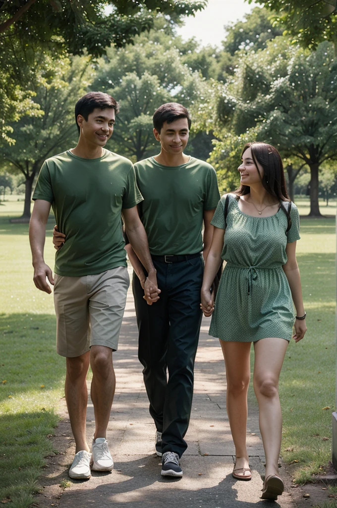 Family mom,dad and daughter and son walk in a beautiful green park