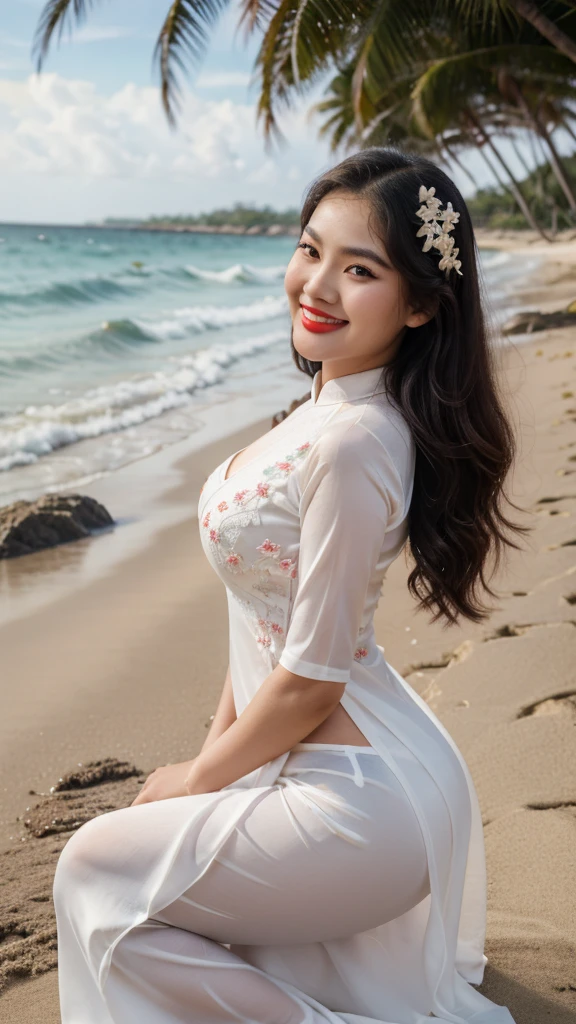 detailed body, attractive body, perfect human body, realistic face,
(ultimate quality, masterpiece, highres:1.0), realistic:1.6, photorealistic,
[8k UHD photos, UHD high quality photos, Super detailed and super clear images],
Close-up of a Vietnamese girl with a beautiful face and balanced body, leggy, round face, big round eyes, Charming smile, Red lips, long curly eyelashes, big dimples, pointed chin, plump face, Her face resembles BaoTran x ThanhThanh, Tall and plump figure, lace bra inside, lace panty inside,
wearing a bright and shiny white silk ao dai with embroidered flowers, sitting and playing with the sand and ocean waves, pose sexy,
Silk ao dai,