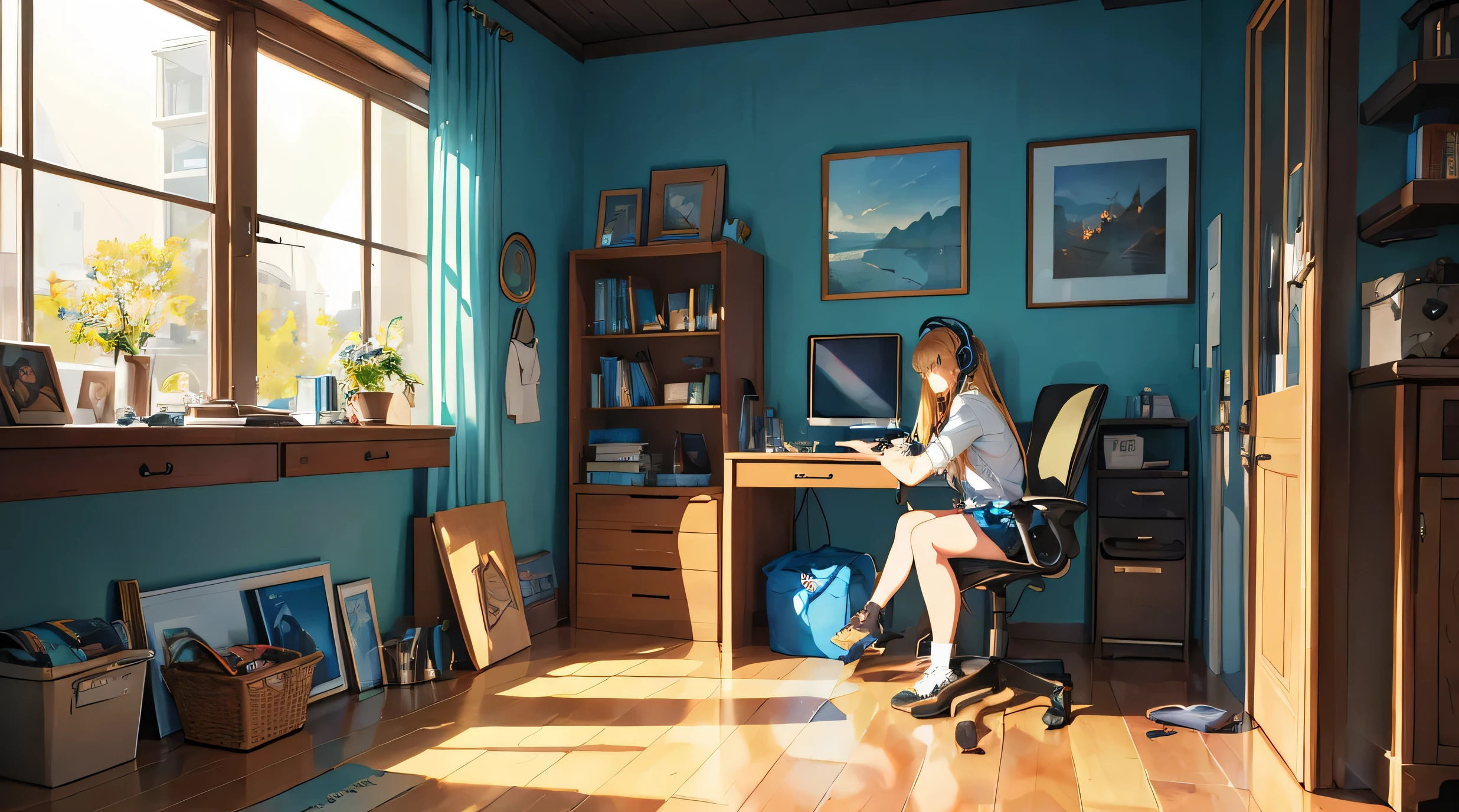 Beautiful girl working on a computer,best quality,4k,8k,highres,masterpiece:1.2),ultra-detailed,(realistic,photorealistic,photo-realistic:1.37),age man's bedroom,unmade bed,closed window in the morning,gaming chair,RGB monitor,RGB gaming cabinet,world map on the wall,desk with books and stationary,posters of favorite bands,stacked gaming controllers,headset on the desk,open pizza box,dirty clothes on the floor,soft natural lighting,cool blue color tone,A shoe and sock thrown on the floor, (photorealistic:1.37), (ultra-detailed), (dynamic illumination), (rich colors), (8k), (wallpaper), textured surface, worn-out appearance, wooden floor, contrasting shadows, slight reflection on the shoe, compelling composition, messy arrangement, sunlight streaming through the window, vibrant colors, exquisite details, intricate pattern on the sock, fine wrinkles on the shoe, high-resolution image