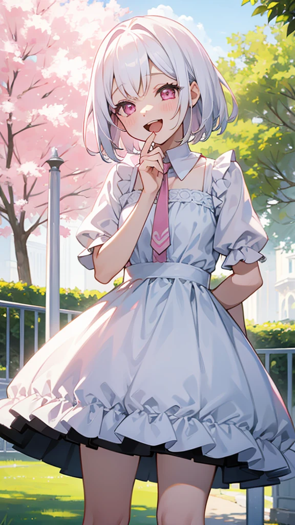 White Hair、Pink Eyes、Short Hair、Cute、One Girl、Only one girl、Daytime、Wearing a dress、at the park、laughing