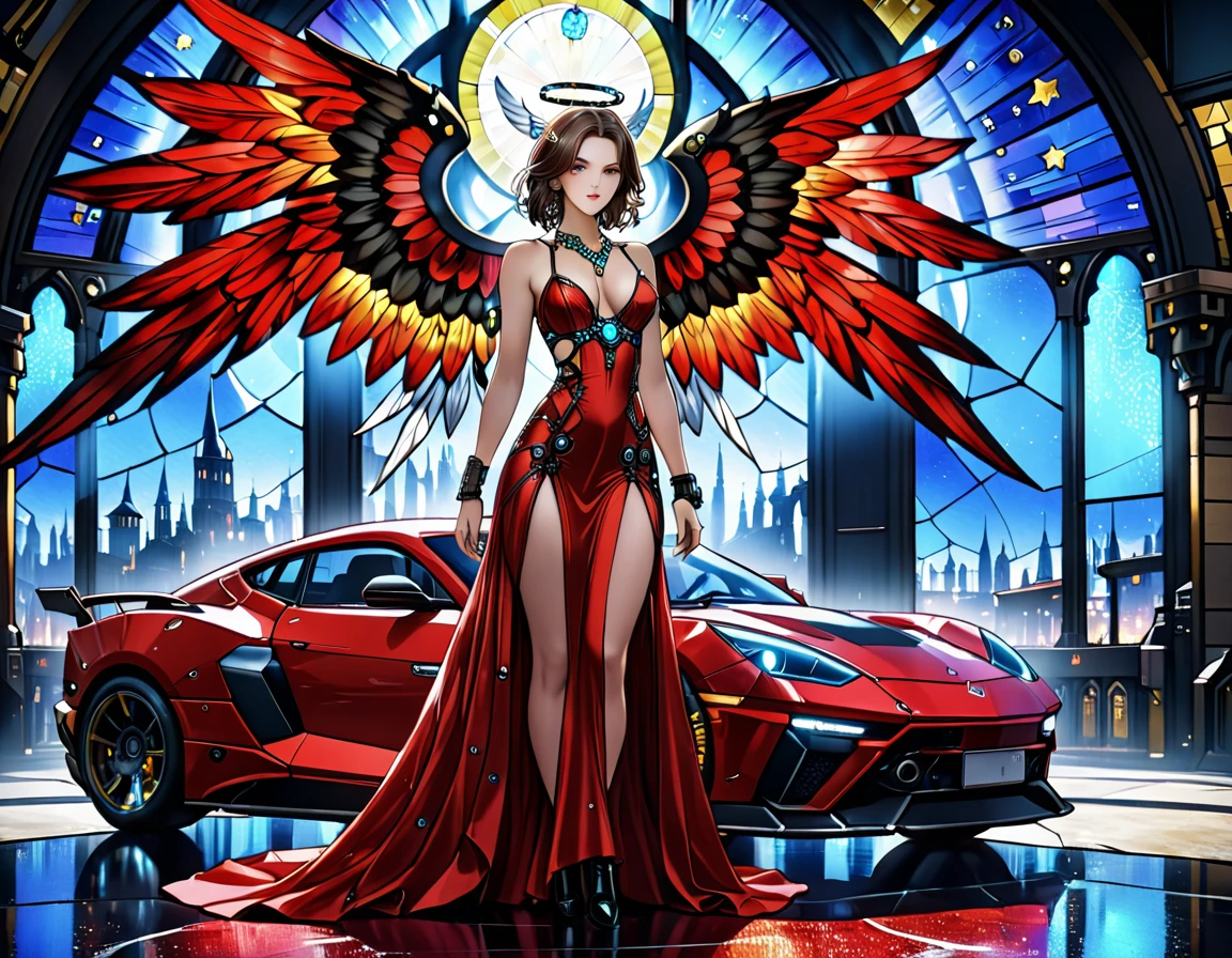 Arafed a ((stained glass artwork picture:1.5)) stained-glass, of a (mech cyberpunk female angel: 1.2) standing in at the street at night near her sports car, night, an exquisite beautiful cyberpunk female angel wearing dark dress, wearing ((intricate mech glamour red evening dress: 1.3)), dress has miniscule mech parts, high tech parts, (white angelic wings: 1.2), spread angelic wings, halo over the head, small cleavage, wearing intricate diamond necklace, wearing elegant high heeled boots, dynamic eye color, dynamic hair color, dynamic hair style, standing near her (sports car: 1.3), cyberpunk street t background at night, moon light and stars, , full body shot, (Masterpiece: 1.5), Vibrant, Ultra-high resolution, High Contrast, masterpiece:1.2, highest quality, Best aesthetics), best details, best quality, highres, ultra wide angle, 16k, [ultra detailed], masterpiece, best quality, (extremely detailed), Mechanicus, intense gaze, stained-glass