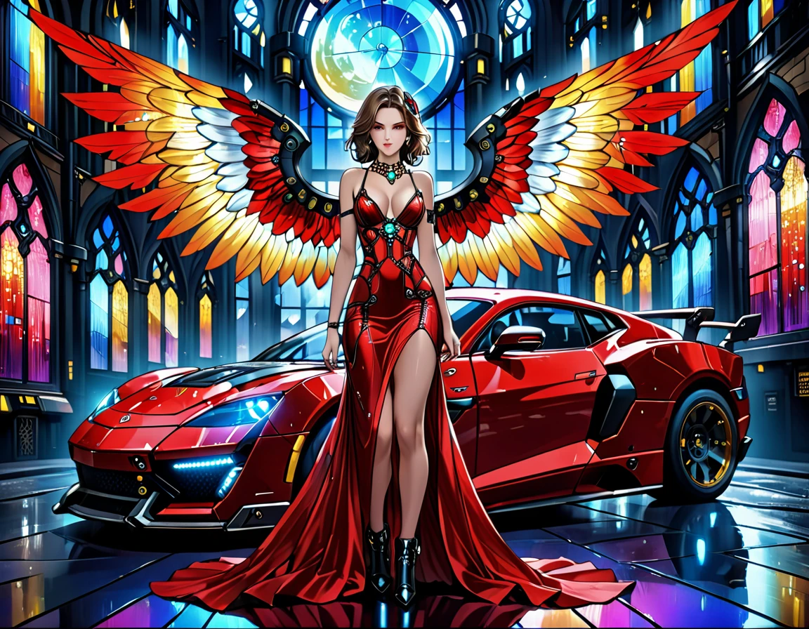 Arafed a ((stained glass artwork picture:1.5)) stained-glass, of a (mech cyberpunk female angel: 1.2) standing in at the street at night near her sports car, night, an exquisite beautiful cyberpunk female angel wearing dark dress, wearing ((intricate mech glamour red evening dress: 1.3)), dress has miniscule mech parts, high tech parts, (white angelic wings: 1.2), spread angelic wings, halo over the head, small cleavage, wearing intricate diamond necklace, wearing elegant high heeled boots, dynamic eye color, dynamic hair color, dynamic hair style, standing near her (sports car: 1.3), cyberpunk street t background at night, moon light and stars, , full body shot, (Masterpiece: 1.5), Vibrant, Ultra-high resolution, High Contrast, masterpiece:1.2, highest quality, Best aesthetics), best details, best quality, highres, ultra wide angle, 16k, [ultra detailed], masterpiece, best quality, (extremely detailed), Mechanicus, intense gaze, stained-glass