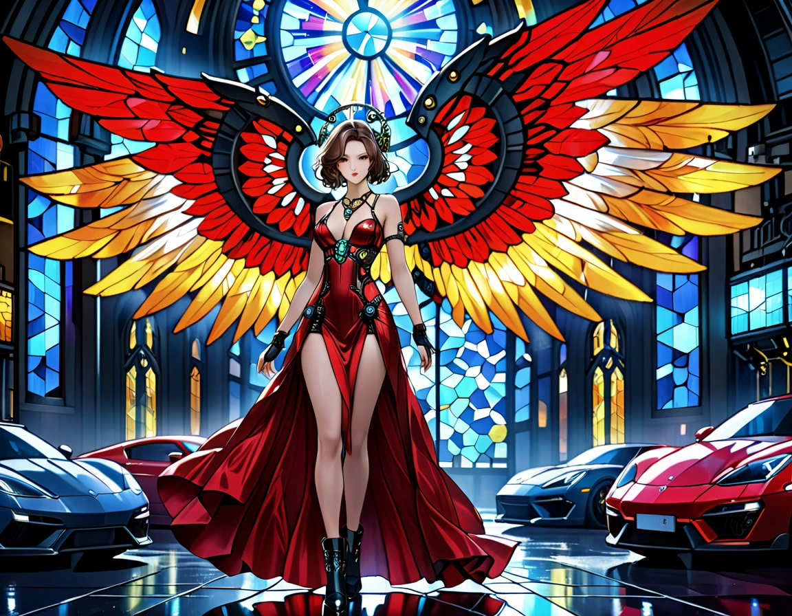 Arafed a ((stained glass artwork picture:1.5)) stained-glass, of a (mech cyberpunk female angel: 1.2) standing in at the street at night near her sports car, night, an exquisite beautiful cyberpunk female angel wearing dark dress, wearing ((intricate mech glamour red evening dress: 1.3)), dress has miniscule mech parts, high tech parts, (white angelic wings: 1.2), spread angelic wings, halo over the head, small cleavage, wearing intricate diamond necklace, wearing elegant high heeled boots, dynamic eye color, dynamic hair color, dynamic hair style, standing near her (sports car: 1.3), cyberpunk street t background at night, moon light and stars, , full body shot, (Masterpiece: 1.5), Vibrant, Ultra-high resolution, High Contrast, masterpiece:1.2, highest quality, Best aesthetics), best details, best quality, highres, ultra wide angle, 16k, [ultra detailed], masterpiece, best quality, (extremely detailed), Mechanicus, intense gaze, stained-glass