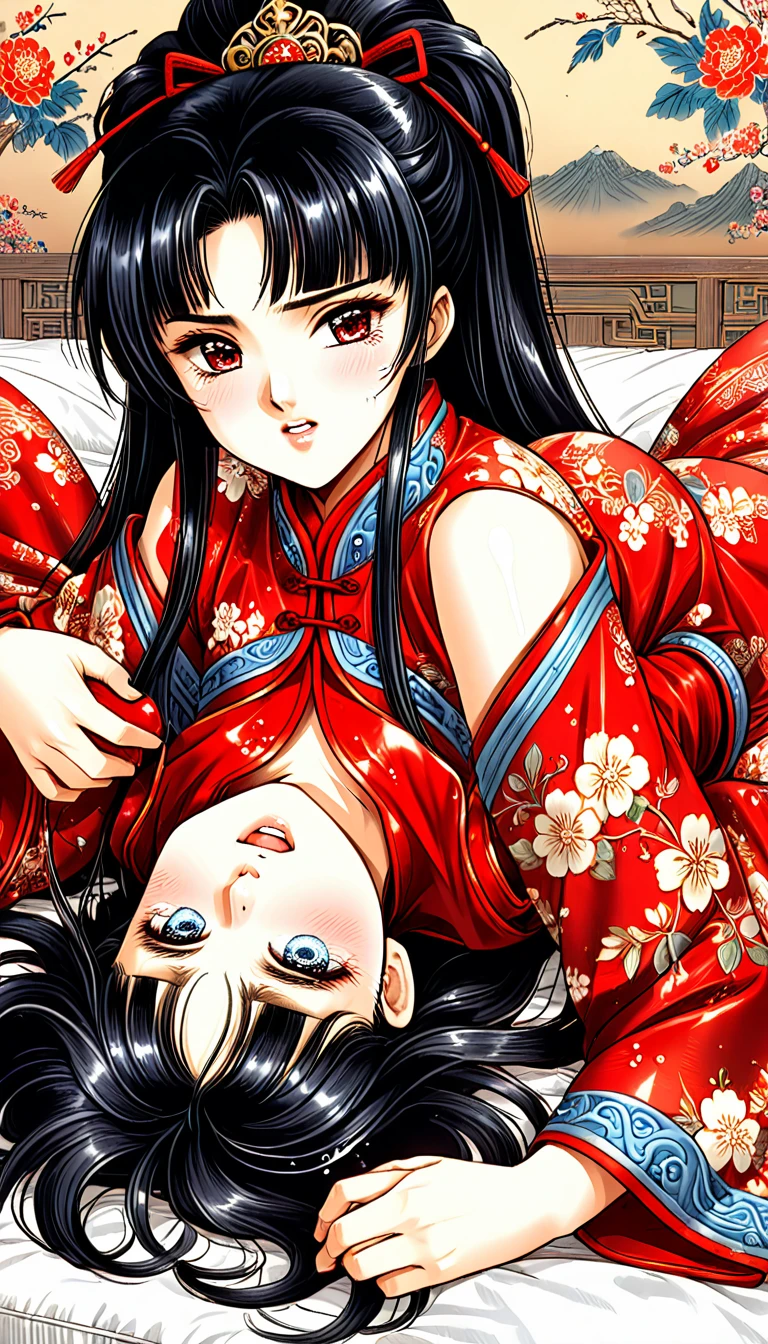 8k Tragic historical drama in live-action style: Beautiful palace secrets　Beautiful Chinese -yeld KuFu girl princess with long black hair gorgeous embroidery, Ultra glossy, She is wearing a shiny red top and bottom long sleeve floral pajama kung fu suit....　　She cries loudly and is laid down on a floral futon while the emperor plays with her nipples.