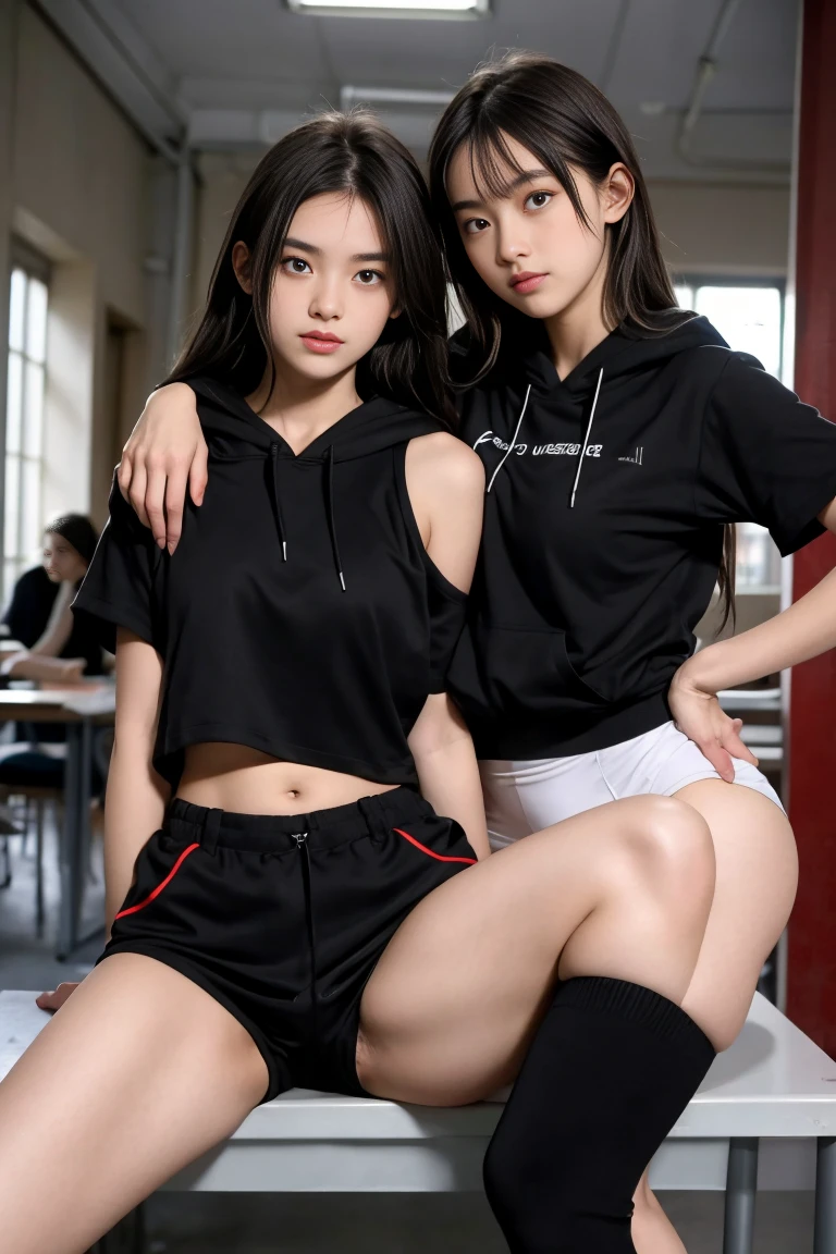 deux femmes ensemble de 18 ans sexy et mince , black short sleeve hoodie , salle de classe, se touche,position sey,sensuel