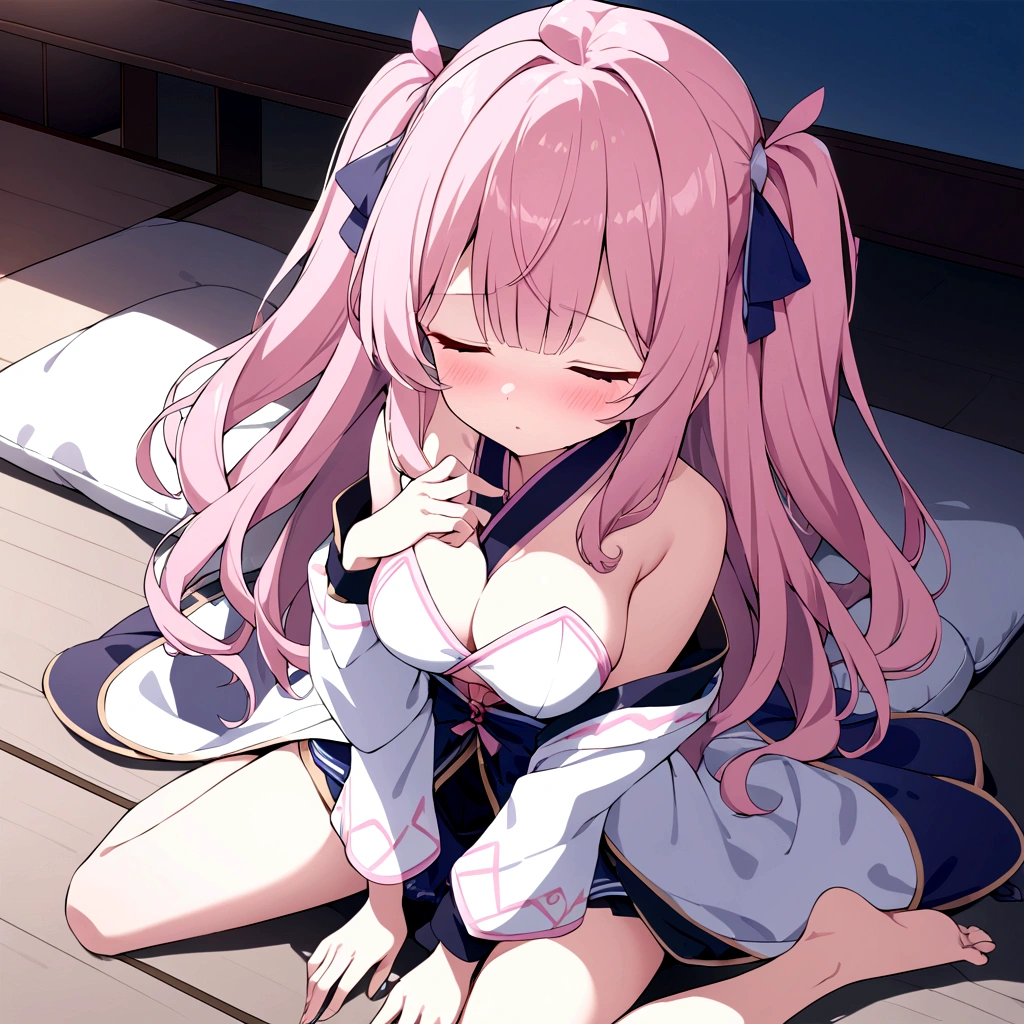 最high quality, 最high quality, masterpiece, detailed outfit, Super detailed, ultra detailed, Highly detailed, Cinema Lighting, Perfect Anatomy, CG:1.9, ultra detailed:1.9, ultra-detailed:1.9, High resolutionolution:1.9, High resolution:1.9, Absurd:1.9, masterpiece:2, high quality:2, 最high quality:2,Hatsune,Perfect hands、Perfect Fingers,Beautiful attention to detail,Beautifully detailed face,Sleepily,Sleep,wariza/W sitting,seiza,Hair with attention to detail,(A small, slightly exposed chest),futon,pillow,indoor