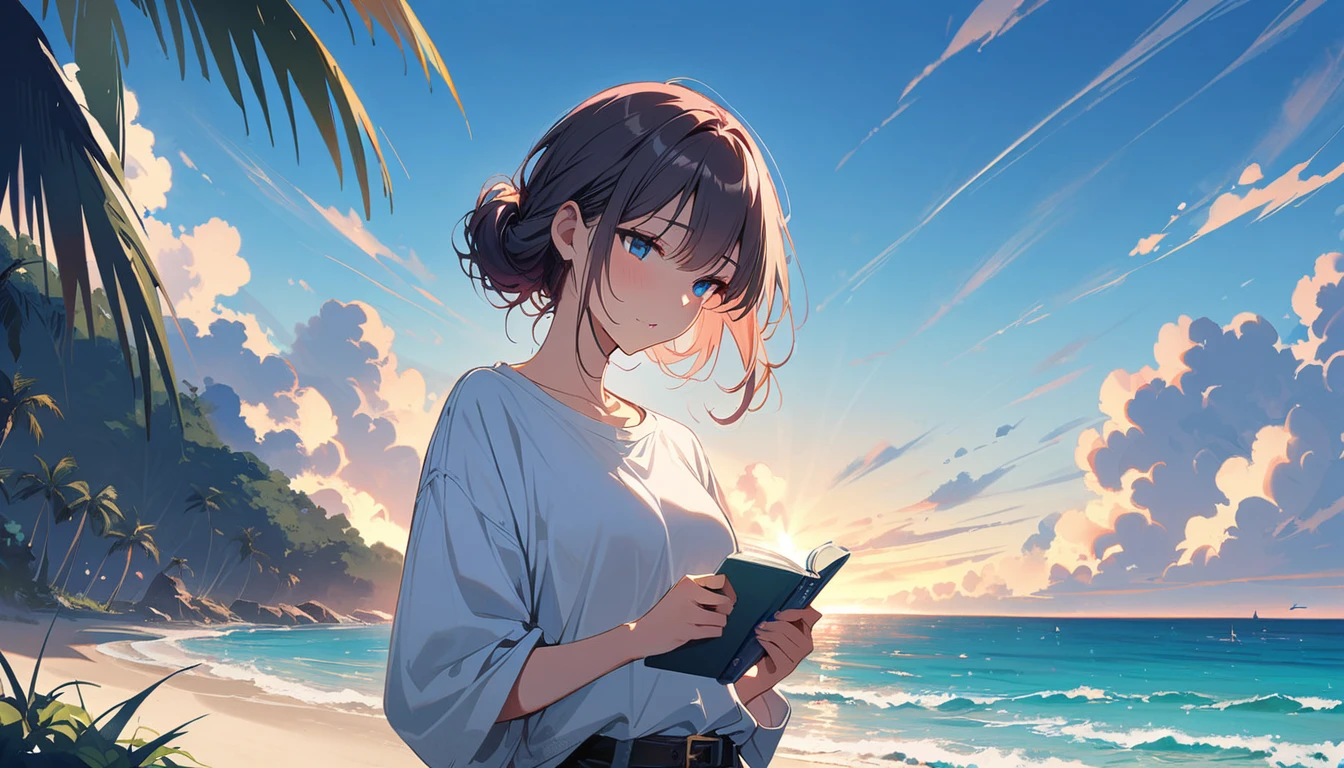 (masterpiece, Highest quality:1.2), 1 Girl, alone,Eyes open,I have a book,Tropical atmosphere,Ocean