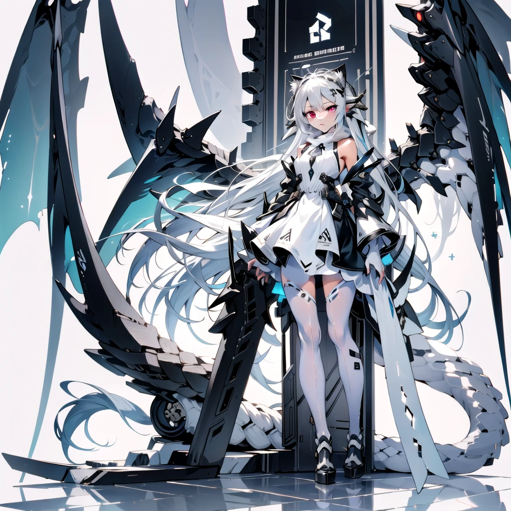 masterpiece, highest quality, highest resolution, clear_image, detailed details, White hair, long hair, cat ears, 1 girl, red eyes, white pantyhose, sci-fi dress, white scarf (white scarf around the neck with a light blue glow), gray futuristic halo (gray halo over the head), white wings (4 wings), cute, full body, no water marks, snow