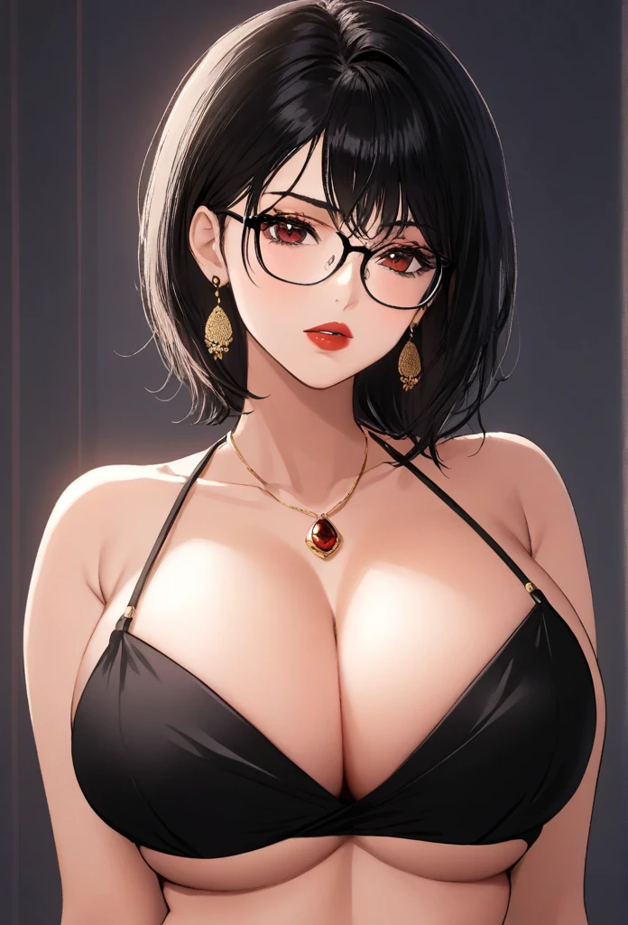 One woman ,wolf haircut hairstyle ,red lipstick,black glasses,sharp jawline,face makeup,mole under right eye,dark red eyes ,g cup breasts size ,navel, cleavage,saree, necklace,big heavy diva jhumka earrings