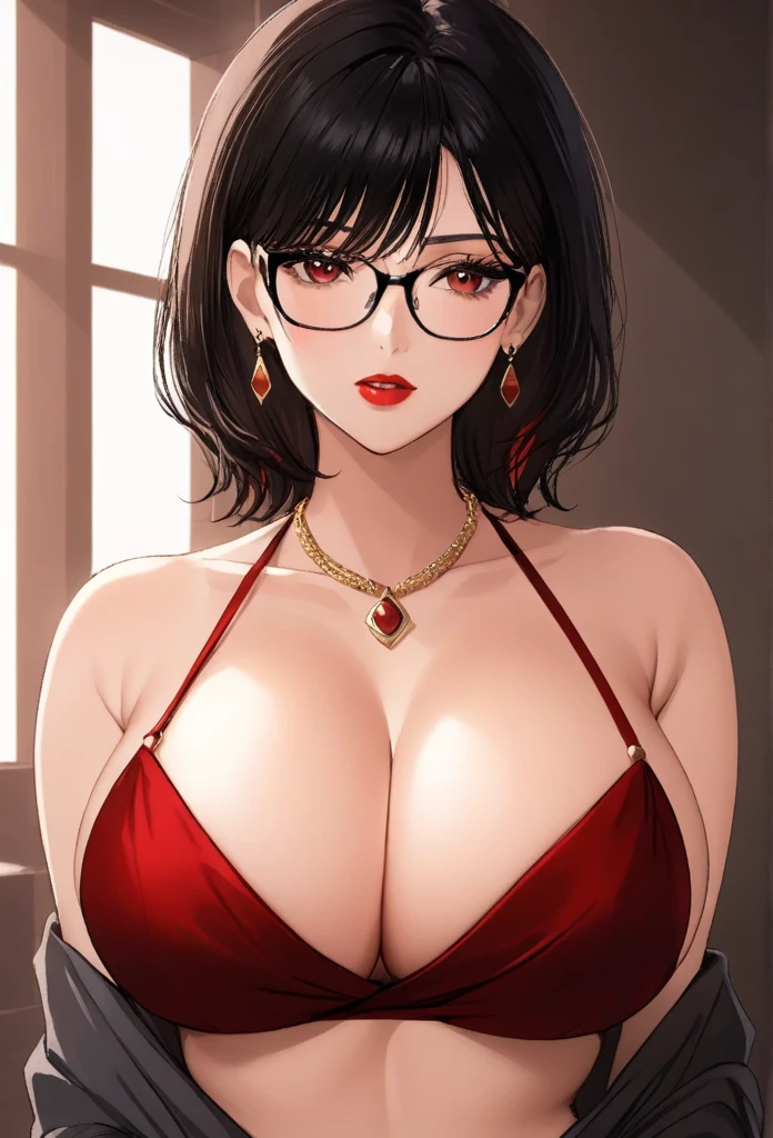 One woman ,wolf haircut hairstyle ,red lipstick,black glasses,sharp jawline,face makeup,mole under right eye,dark red eyes ,g cup breasts size ,navel, cleavage,saree, necklace,big heavy diva jhumka earrings