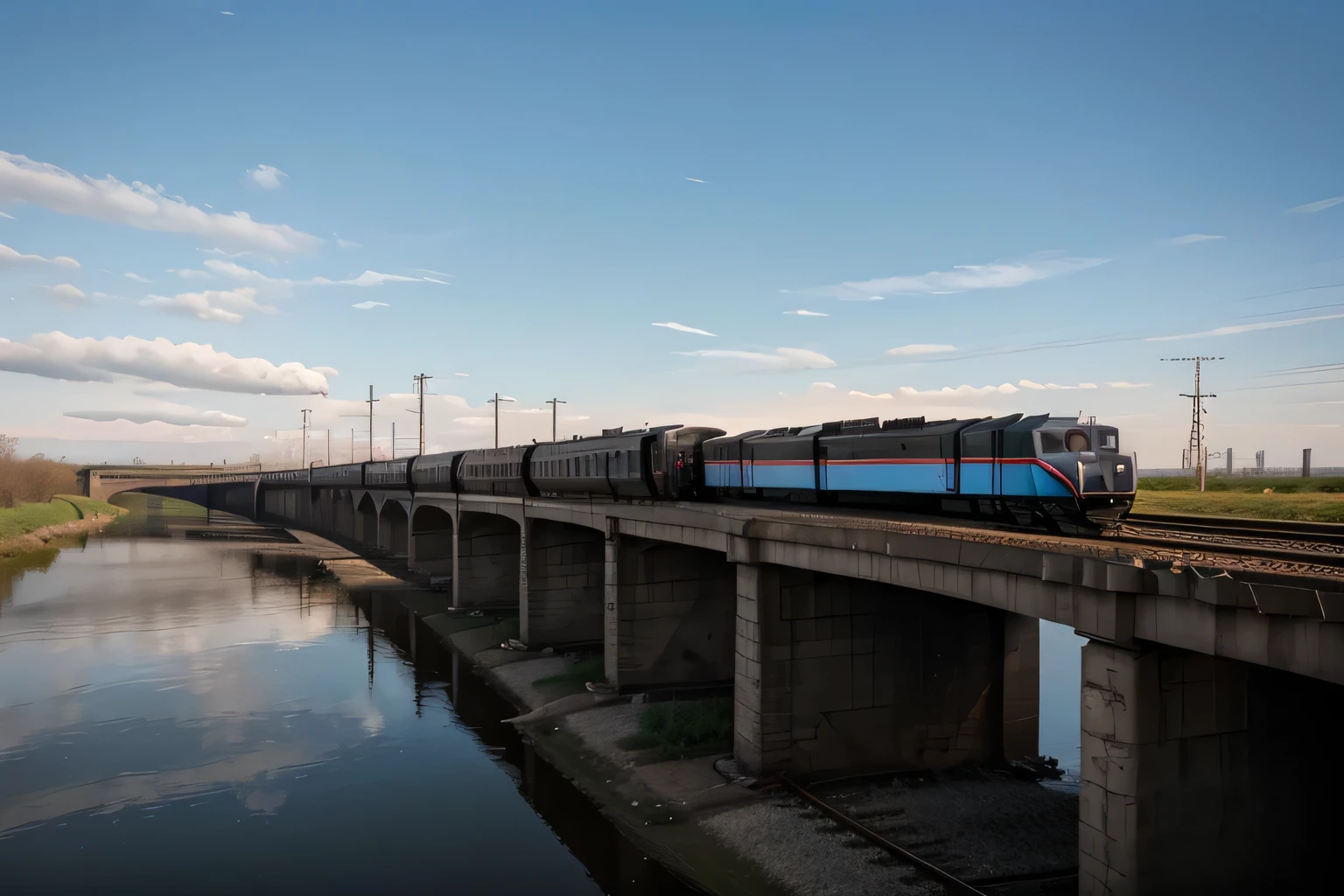 arafed train on a bridge over a river with a sky background, train, The photo shows a large, photo taken in 2018, neo norilsk, high quality photo, high image quality", train far, Raymond Normand, trains, aleksander rostov, scenic full plan, high quality photos, boxcar