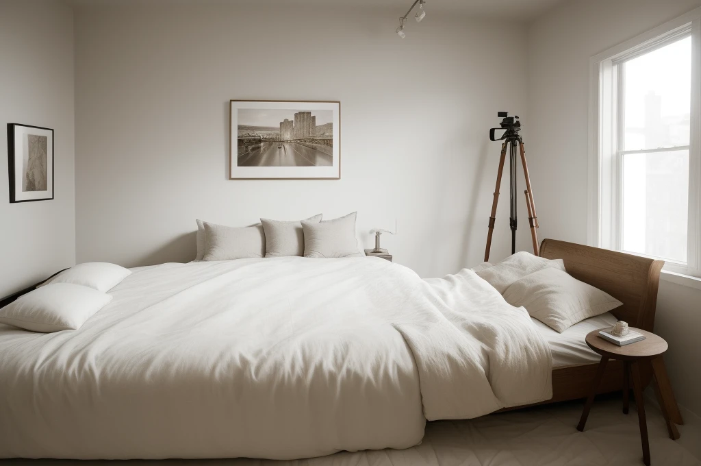 there is a bed with a white comforter and a tripod on the wall, bedroom interior, fotografia, bedroom background, photorealistic room, picture of a loft in morning, cinematic realistic photo, natural light in room, realistic studio photo, inside of a bedroom, art photography style, bedroom, photo realistic image, pov photo, photorealistic picture, photo of a beautiful
