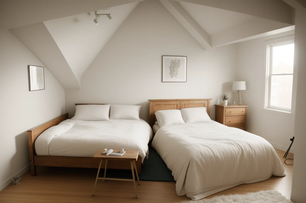 there is a bed with a white comforter and a tripod on the wall, bedroom interior, fotografia, bedroom background, photorealistic room, picture of a loft in morning, cinematic realistic photo, natural light in room, realistic studio photo, inside of a bedroom, art photography style, bedroom, photo realistic image, pov photo, photorealistic picture, photo of a beautiful