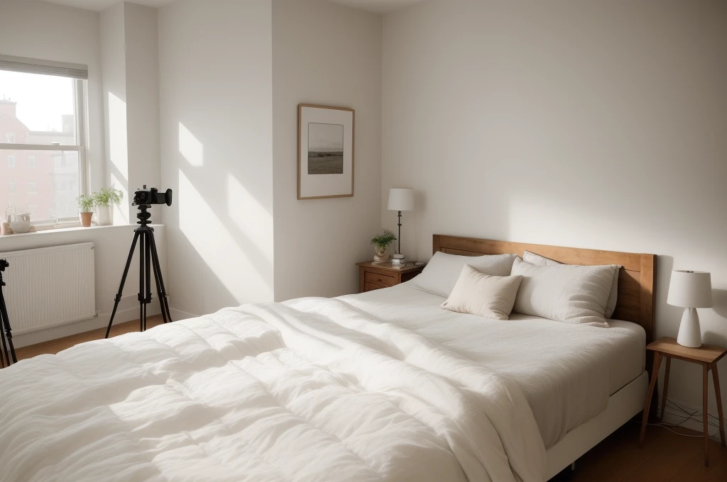there is a bed with a white comforter and a tripod on the wall, bedroom interior, fotografia, bedroom background, photorealistic room, picture of a loft in morning, cinematic realistic photo, natural light in room, realistic studio photo, inside of a bedroom, art photography style, bedroom, photo realistic image, pov photo, photorealistic picture, photo of a beautiful
