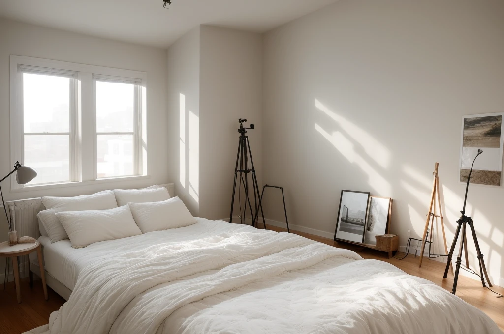 there is a bed with a white comforter and a tripod on the wall, bedroom interior, fotografia, bedroom background, photorealistic room, picture of a loft in morning, cinematic realistic photo, natural light in room, realistic studio photo, inside of a bedroom, art photography style, bedroom, photo realistic image, pov photo, photorealistic picture, photo of a beautiful