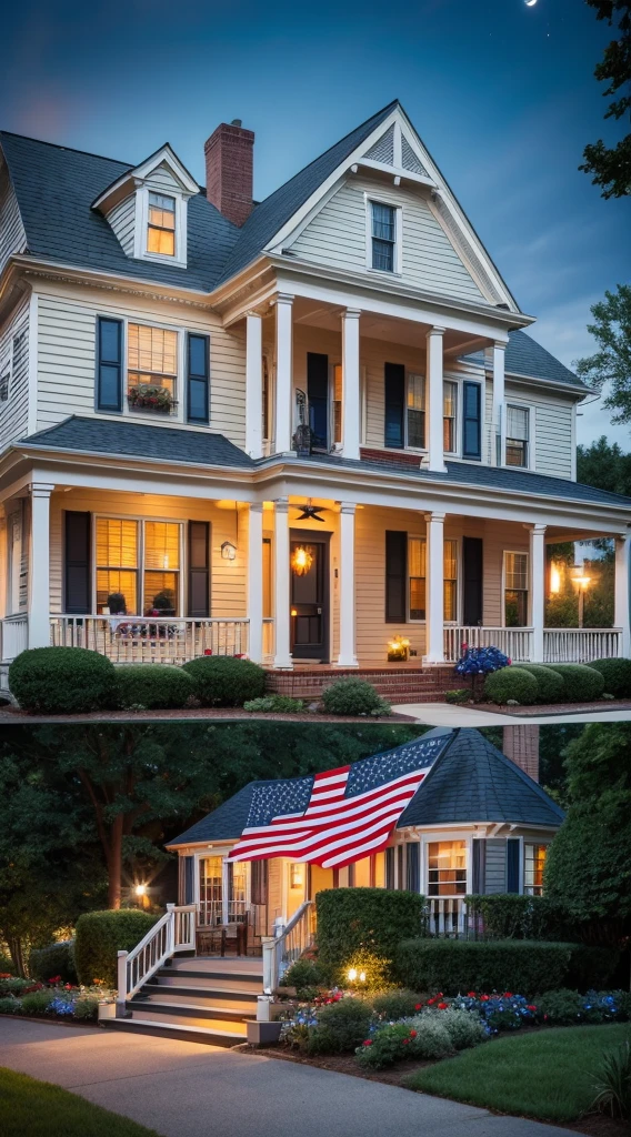 july, patriotic american, victorian house porch, night and car