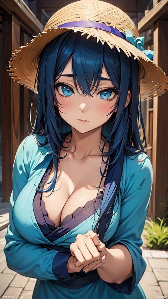 anime girl with blue hair wearing a straw hat and a blue dress, artwork in the style of guweiz, beautiful anime portrait, guweiz, beautiful anime girl, beautiful anime style, anime girl with teal hair, anime style. 8k, in the art style of bowater, beautiful digital illustration, beautiful character painting, stunning anime face portrait