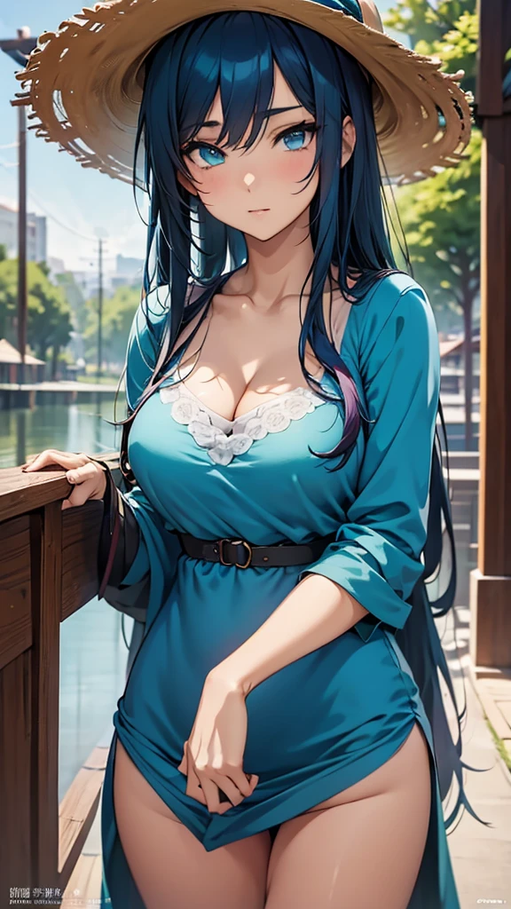 anime girl with blue hair wearing a straw hat and a blue dress, artwork in the style of guweiz, beautiful anime portrait, guweiz, beautiful anime girl, beautiful anime style, anime girl with teal hair, anime style. 8k, in the art style of bowater, beautiful digital illustration, beautiful character painting, stunning anime face portrait