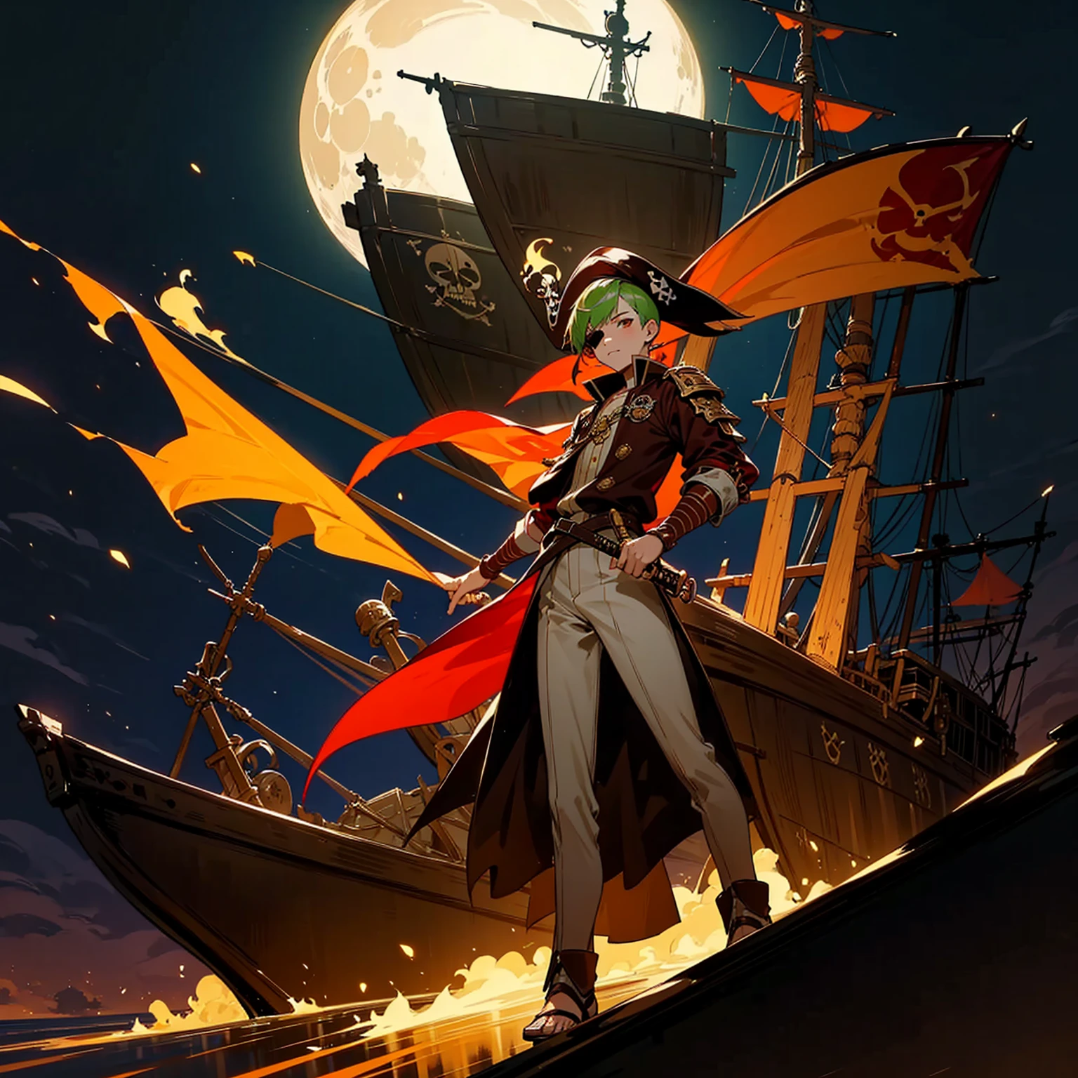 1boy, Full body version, 1character, brown eyes, albino skin, pirate eye patch, buzz cut hairstyle, green colour hair, flat facial expression, small eyes, red pirate hat, templar knight clothing, brown colour clothing, ancient Greek sandals, gold dagger knife in hand, buckler in hand, gold armor, Grassroots background in Pirate Ship, (at night), fire light burns on the ship, damaged pirate ship, moon silhouette light, moon in the sky, eyes glow red, sword glows red, lots of fire on the ship, ship fire, full background, war in ship pirate, (war gesture),