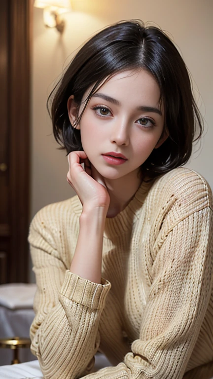 (masterpiece:1.3), (8K, Realistic, RAW Photos, Highest quality: 1.4), (One girl), Beautiful Face, (Realistic Face), (Black Hair, short hair:1.3), Beautiful hairstyle, Realistic eyes, Beautiful attention to detail, (Realistic Skin), Beautiful Skin, (sweater), Absurd, Charm, Ultra-high resolution, Ultra-realistic, Very detailed, Golden Ratio