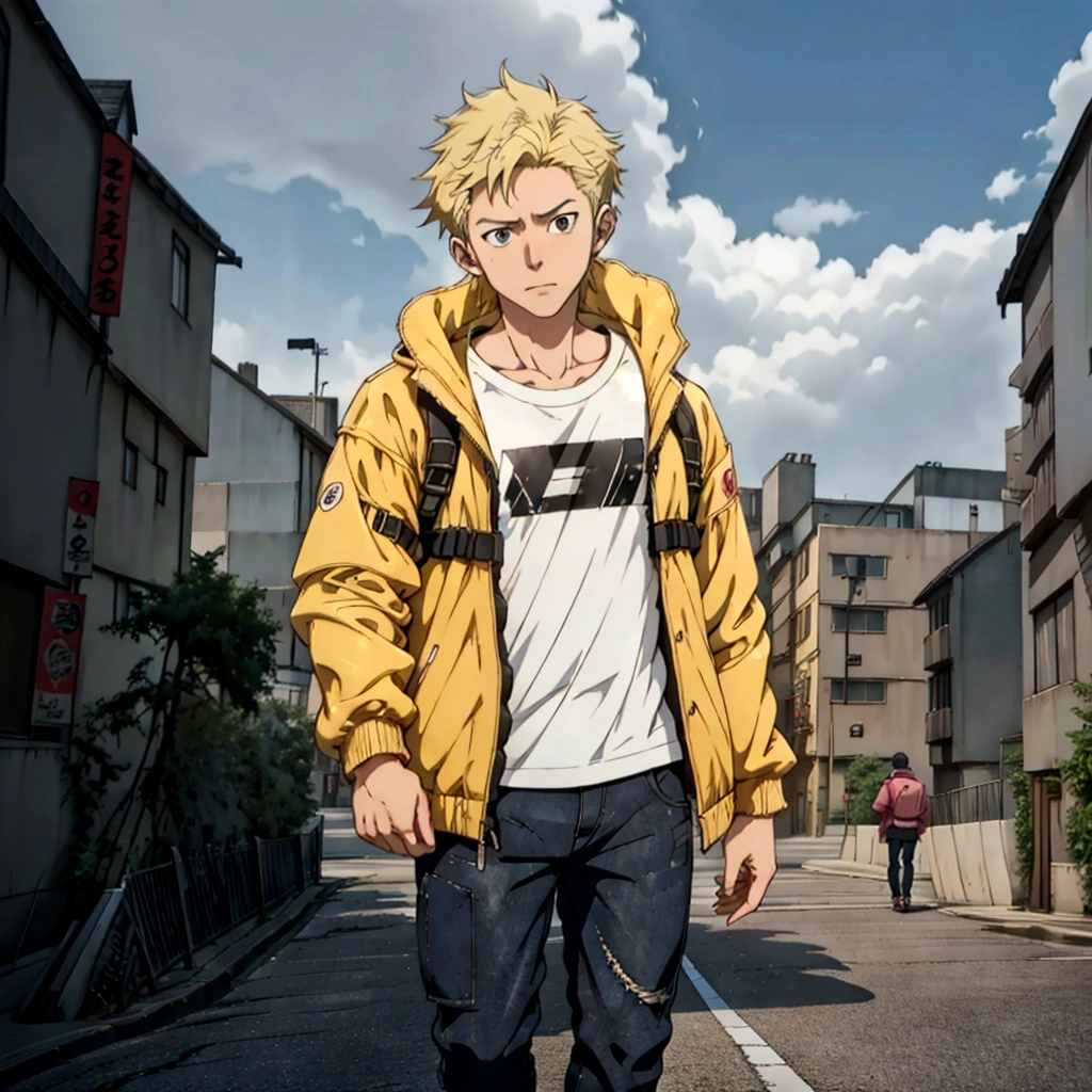 A cartoon character wearing a yellow jacket walking down a city street, Realistic Anime 3D Style, Anime Styled 3d, Anime Style. 8K, Standing in the city centre, modern Anime Style, Standing on the street, Anime Style hyper detailed, in Anime Style, Anime Style character, in an Anime Style, Realistic clothing, 3D Anime Real, semirealistic Anime Style