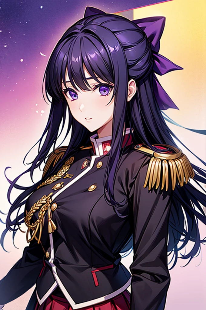 Akane Ryuuzouji、Black jacket uniform、Red pleated skirt、Epaulettes、Right shoulder to chest ornament、Purple head ribbon