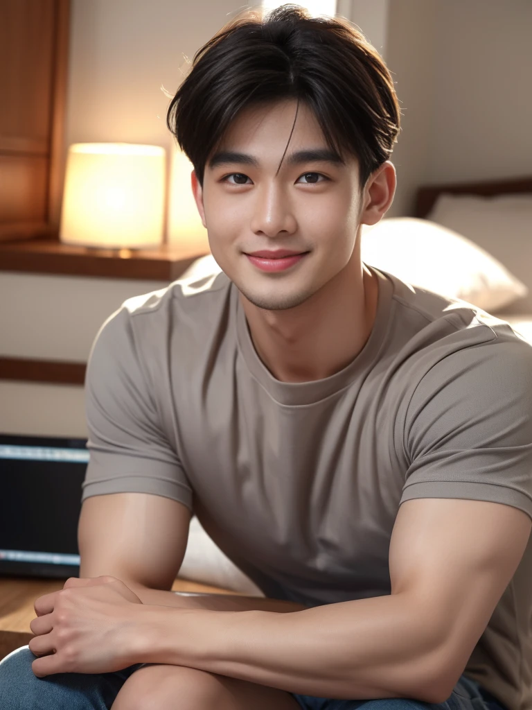 A young Asian man sitting on a large bed, handsome, detailed smirk, muscular, looking at the camera. Wearing tight T-shirt, In a hotel room