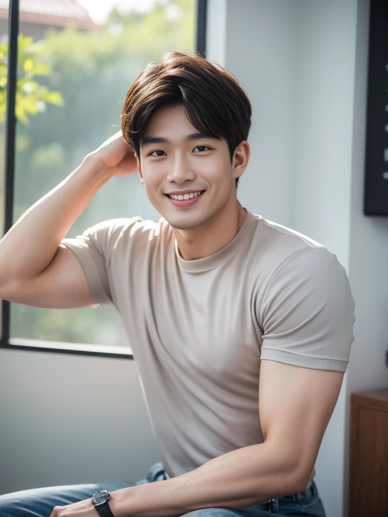 ((Highest quality, 8K, Masterpiece: 1.3))、Cool Thai man, 1A man who has、 yo、Good appearance、Beautiful nose、smile、 Detailed eyes and face、beautiful light、(studio)、high resolution、(Look at the viewer.)、Fine mouth、smile、whole body: 1.5, perfect shape: 1.3, Picture of both shoulders:1.3, Gray round neck t-shirt:1.5