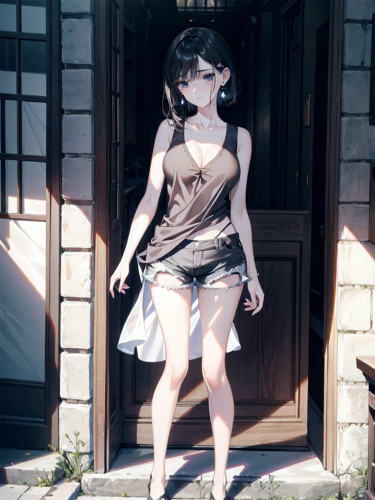 absurdres, RAW photo, extremely delicate and beautiful, masterpiece, Best Quality, ultra high resolution, 32k, hyperrealistic, ultra-detailed, in her 20s, delicate facial features, tearful mole, earring, medium breasts, full body shot, shorter middle hair, black hair, Sleeveless shirt, shorts,