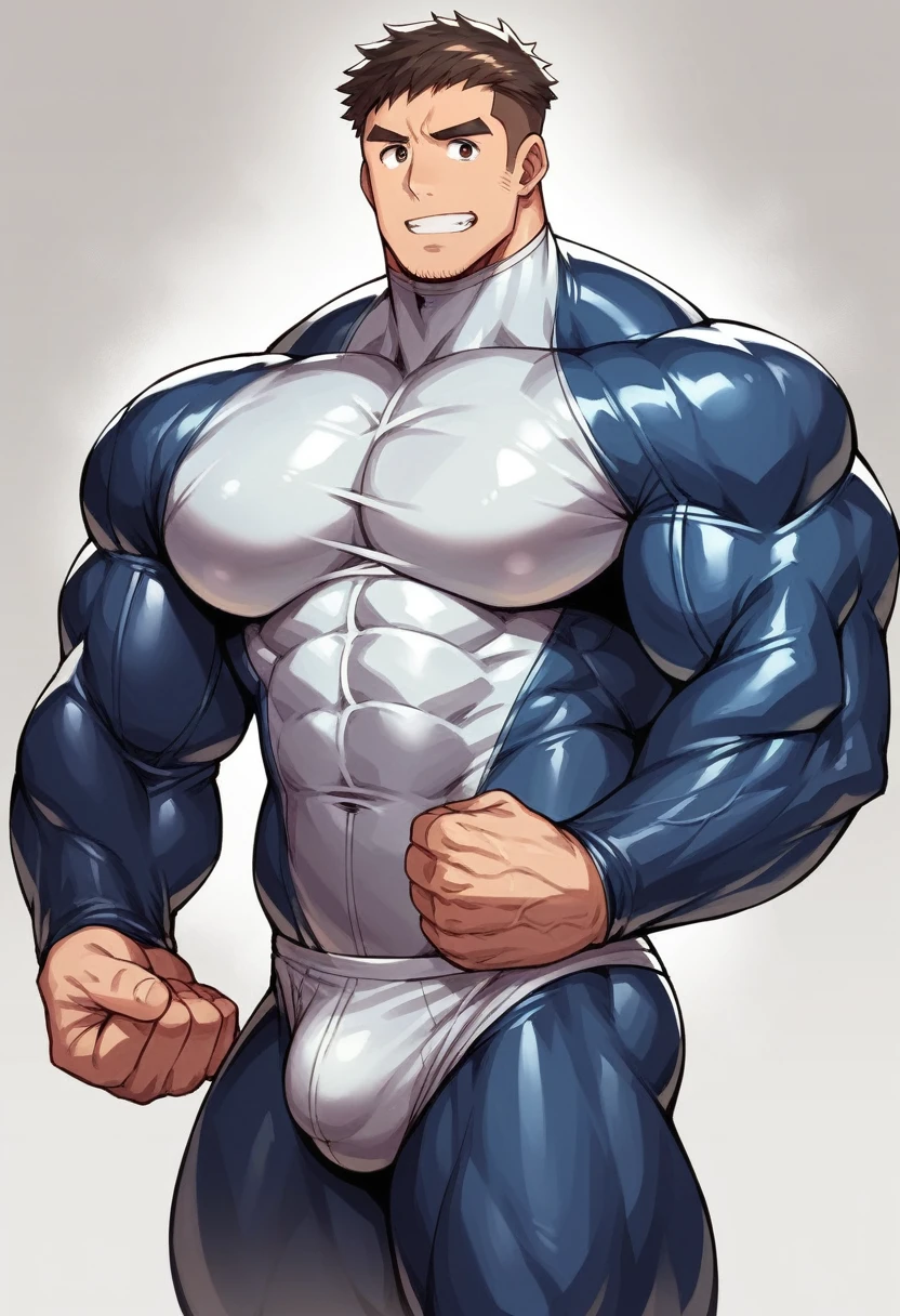 Arafed man in a latex suit posing for a photo., huge shiny muscles, Hard rubber chest, strong and imposing, muscular character, Heavy appearance, muscular characters, massive muscles, big muscles, amateur man, burly man, powerful and huge, very beautiful. big muscles, big muscles, muscular gigachad, Huge muscles