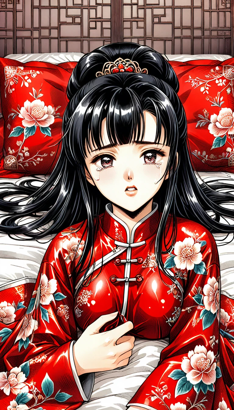 A tragic historical drama in 8k live-action style: Beautiful palace secrets　Beautiful  Chinese Kung Fu girl princess with long black hair　Gorgeous embroidery, Ultra glossy, She is wearing a shiny red long sleeve floral pajama kung fu suit with her nipples showing through her bust.....　　She is laid down on a floral futon.　She closes her eyes and spreads her legs wide to poop from her anus、Filth、A huge amount of poop drips out of her anus and pussy　She is blushing and feeling embarrassed