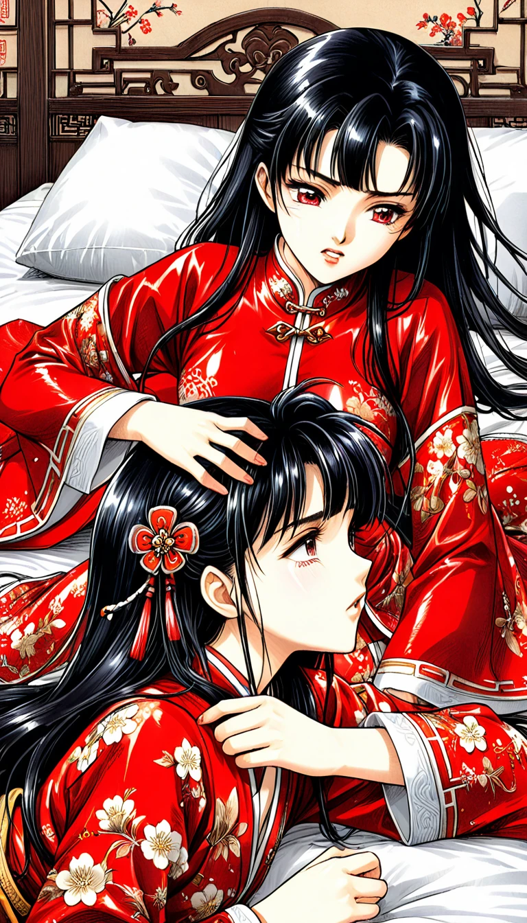 8k Tragic historical drama in live-action style: Beautiful palace secrets　Beautiful 10 year old Chinese Kung Fu princess with long black hair gets fingered hard　Gorgeous embroidery, Ultra glossy, She is wearing a shiny red top and bottom long sleeve floral pajama kung fu suit....　　She cries loudly and is laid down on a floral futon while the emperor plays with her nipples.