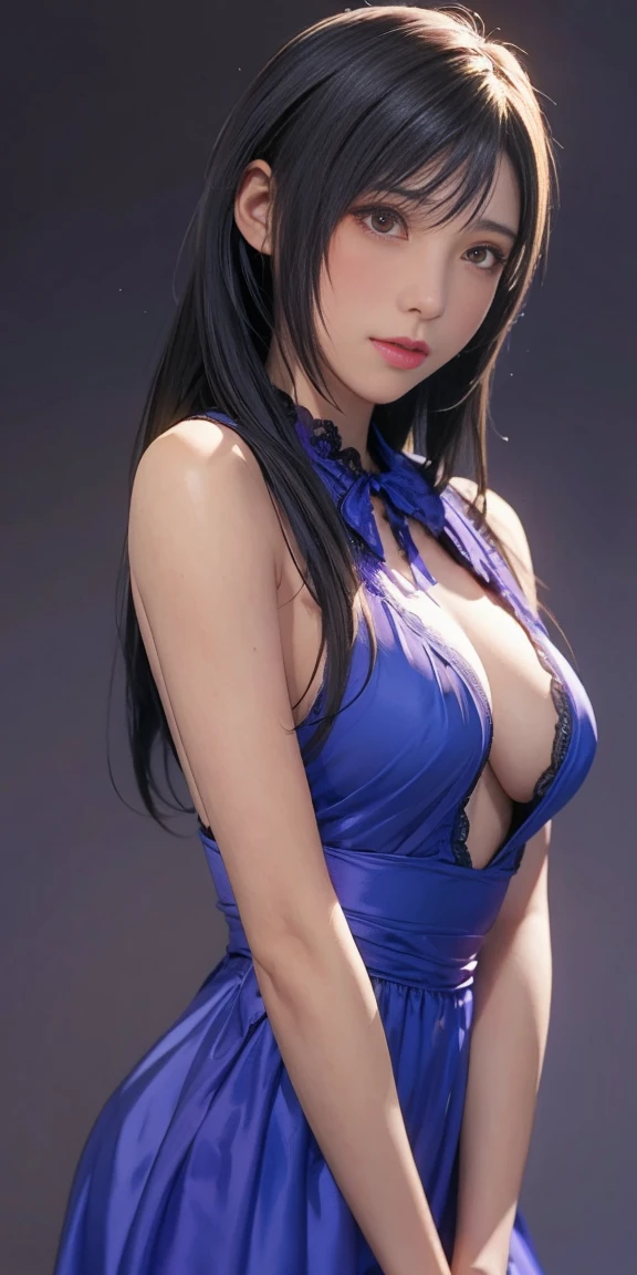 One Girl,Tifa Lockhart,Cowboy Shot,Purple dress ,Simple Background、Gray background、Cinema Lighting、(blush:1.3),