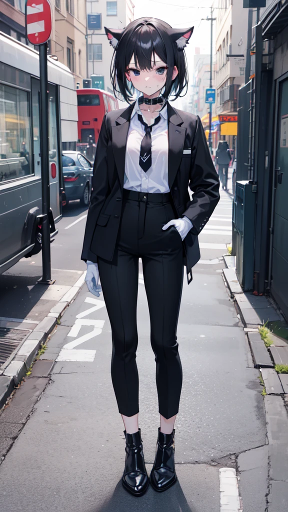 18-year-old girl,White and tender skin,cute,Wear a white long-sleeved shirt and a black jacket and a black work tie,Wear black trousers,Wear black booties,Wear white gloves,wear cat ear,Wearing a collar,Black hair,Black eyes,Very thin waist,Very thin legs,Handsome,Disdainful and cold expression,shy,blush,scared,Sweating,tired,pornography,porn action,Looks very popular,Comfortable look