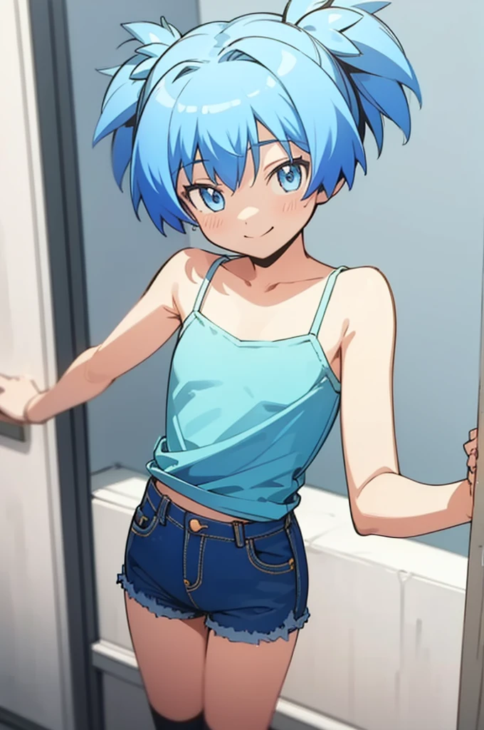 (masterpiece,best quality,highres:1.1),shiota_nagisa,blue hair,blue eyes,short twintails,1girl,,camisole,denim short,flat chest,smile,socks